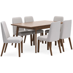 Brown Table / Gray/Brown Seating / Table + 6 Chairs, product view 1; included: 1 table; 6 matching chairs; all other furniture and accessories excluded - 22