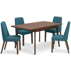 Brown Table / Blue/Brown Seating / Table + 4 Chairs, product view 1; included: 1 table; 4 matching chairs; all other furniture and accessories excluded - 47