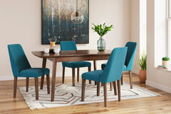 Brown Table / Blue/Brown Seating / Table + 4 Chairs, product view 2; included: 1 table; 4 matching chairs; all other furniture and accessories excluded - 48