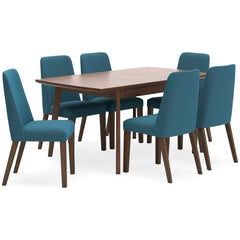 Brown Table / Blue/Brown Seating / Table + 6 Chairs, product view 1; included: 1 table; 6 matching chairs; all other furniture and accessories excluded - 49