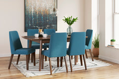Brown Table / Blue/Brown Seating / Table + 6 Chairs, product view 2; included: 1 table; 6 matching chairs; all other furniture and accessories excluded - 50