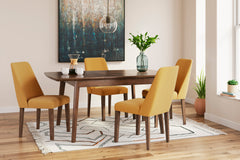 Brown Table / Mustard/Brown Seating / Table + 4 Chairs, product view 2; included: 1 table; 4 matching chairs; all other furniture and accessories excluded - 61