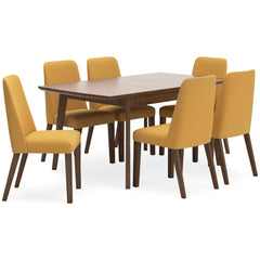 Brown Table / Mustard/Brown Seating / Table + 6 Chairs, product view 1; included: 1 table; 6 matching chairs; all other furniture and accessories excluded - 62