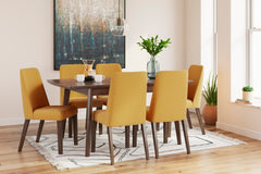 Brown Table / Mustard/Brown Seating / Table + 6 Chairs, product view 2; included: 1 table; 6 matching chairs; all other furniture and accessories excluded - 63