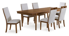 Brown Table / Beige/Brown Seating / Table + 6 Chairs, product view 1; included: 1 table; 6 matching chairs; all other furniture and accessories excluded - 19