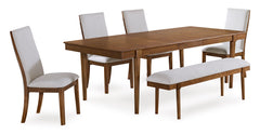 Brown Table / Beige/Brown Chairs / Gray/Brown Bench / Table + 4 Chairs + Bench, product view 1; included: 1 table; 4 matching chairs; 1 bench; all other furniture and accessories excluded - 25