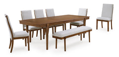 Brown Table / Beige/Brown Chairs / Gray/Brown Bench / Table + 6 Chairs + Bench, product view 1; included: 1 table; 6 matching chairs; 1 bench; all other furniture and accessories excluded - 26