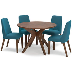 Brown Table / Blue/Brown Seating / Table + 4 Chairs, product view 1; included: 1 table; 4 matching chairs; all other furniture and accessories excluded - 39
