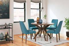 Brown Table / Blue/Brown Seating / Table + 4 Chairs, product view 2; included: 1 table; 4 matching chairs; all other furniture and accessories excluded - 40