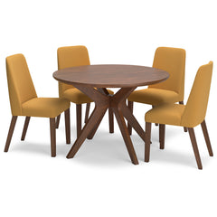 Brown Table / Mustard/Brown Seating / Table + 4 Chairs, product view 1; included: 1 table; 4 matching chairs; all other furniture and accessories excluded - 50