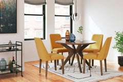 Brown Table / Mustard/Brown Seating / Table + 4 Chairs, product view 2; included: 1 table; 4 matching chairs; all other furniture and accessories excluded - 51