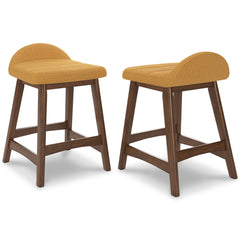 mustard and brown upholstered counter stools, pair of two stools - 25