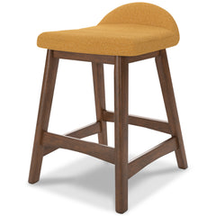 mustard and brown upholstered counter stools, single stool alternate angle - 26