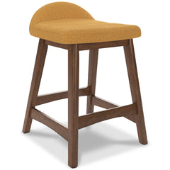 mustard and brown upholstered counter stools, single stool front angle - 27
