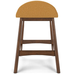 mustard and brown upholstered counter stools, single stool rear view - 28