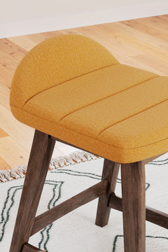 mustard and brown upholstered counter stools, upholstery and seat detail - 29