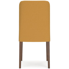 mustard and brown upholstered dining chairs, single chair rear view - 28