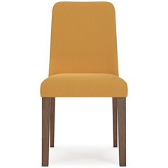 mustard and brown upholstered dining chairs, single chair front view - 30
