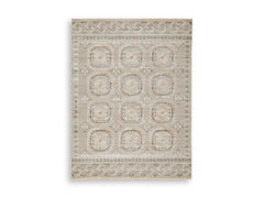 Muted Neutral Medallion Area Rug with Classic Border, smaller size front view - 1