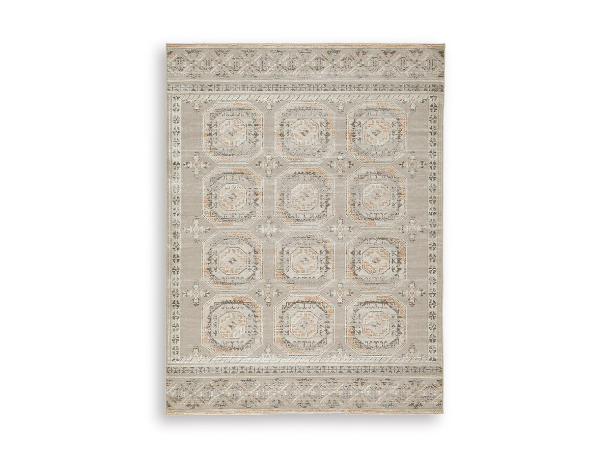 Muted Neutral Medallion Area Rug with Classic Border, smaller size front view