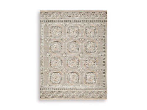 Muted Neutral Medallion Area Rug with Classic Border, smaller size front view