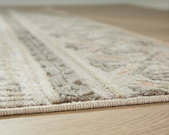 Muted Neutral Medallion Area Rug with Classic Border, surface detail - 3