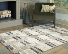 Neutral Block-Stripe Area Rug with Jute Backing, smaller size in a styled room; other items not included - 2