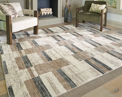 Neutral Block-Stripe Area Rug with Jute Backing, larger size in a styled room; other items not included - 6