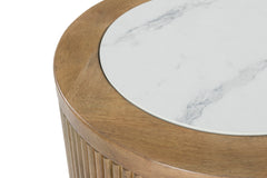 Round Faux Marble End Table with Reeded Wood-Look Base, tabletop detail; accessories excluded - 3