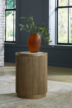Round Faux Marble End Table with Reeded Wood-Look Base, room setting; accessories excluded - 5