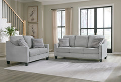Shadow gray living room seating, sofa and loveseat arrangement view; only selected configuration included - 17