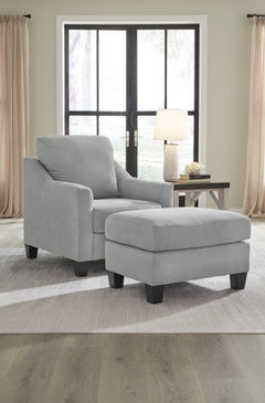Shadow gray living room seating, chair and ottoman arrangement view; only selected configuration included - 22