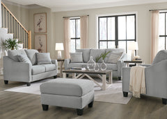 Shadow gray living room seating, sofa loveseat and chair in a styled room; ottoman tables and accessories are not included in the three-piece set - 23