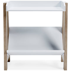 Small White and Tan Bookcase with Angled Shelf, front view - 3