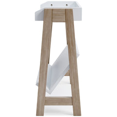Small White and Tan Bookcase with Angled Shelf, opposite side view - 6