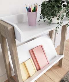Small White and Tan Bookcase with Angled Shelf, construction detail - 7