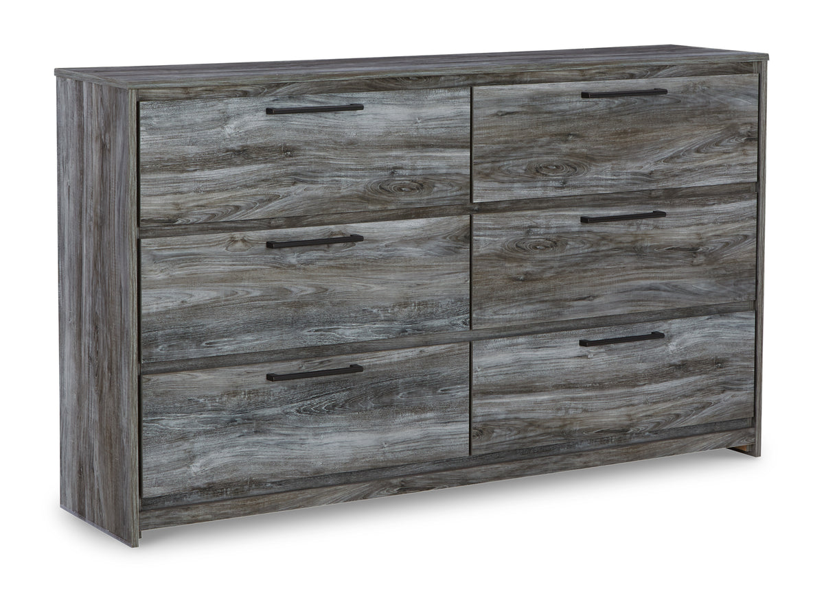 Smoky gray six-drawer dresser, front angle