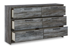 Smoky gray six-drawer dresser, open drawers - 2