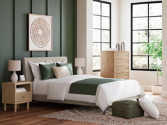 Soft Gray / Light Oak Look / 5pc Set / Queen, room setting; view 3; 5pc selection includes one bed, dresser, mirror, chest and one nightstand; any second nightstand and accessories shown are excluded - 3