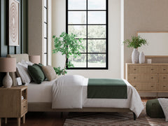 Soft Gray / Light Oak Look / 5pc Set / Queen, room setting; view 4; 5pc selection includes one bed, dresser, mirror, chest and one nightstand; any second nightstand and accessories shown are excluded - 4