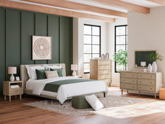 Soft Gray / Light Oak Look / 5pc Set / King, room setting; view 5; 5pc selection includes one bed, dresser, mirror, chest and one nightstand; any second nightstand and accessories shown are excluded - 5