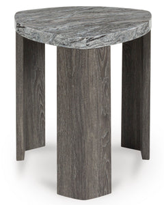 Triangle End Table with Gray Faux Marble Top, front view; accessories excluded - 1