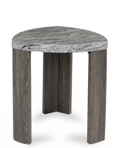 Triangle End Table with Gray Faux Marble Top, side view; accessories excluded - 3