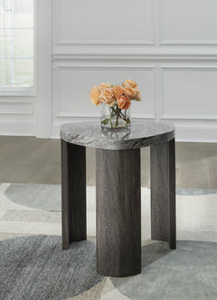 Triangle End Table with Gray Faux Marble Top, room setting; accessories excluded - 5