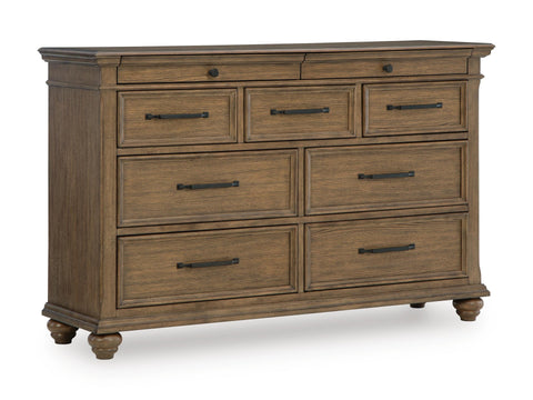 Brown Nine-Drawer Dresser with Oak Veneer and Bun Feet