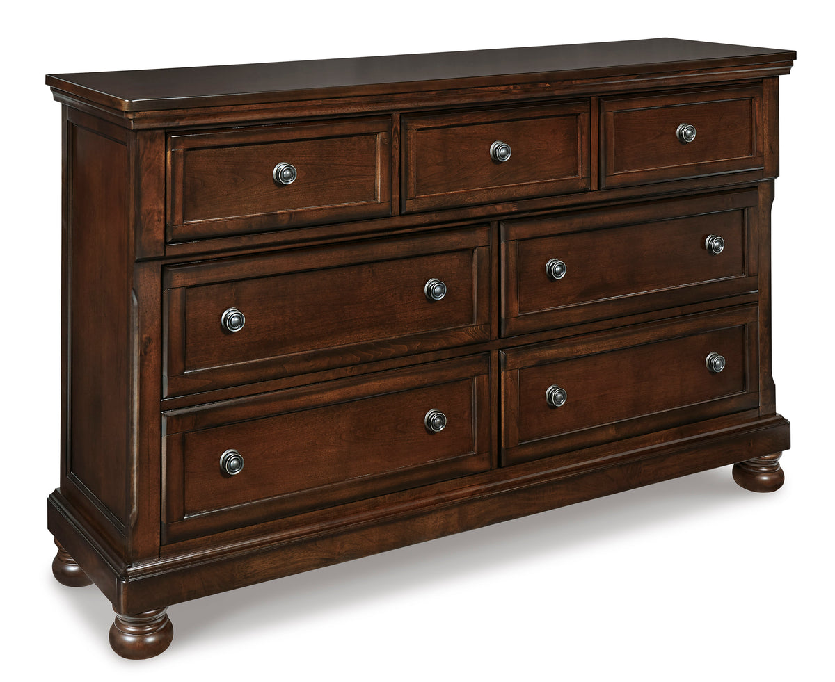 Rustic Brown, complete seven-drawer dresser, closed angled view