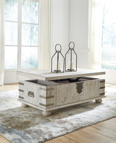 White Wash Gray, coffee table room view with top raised; accessories excluded - 4