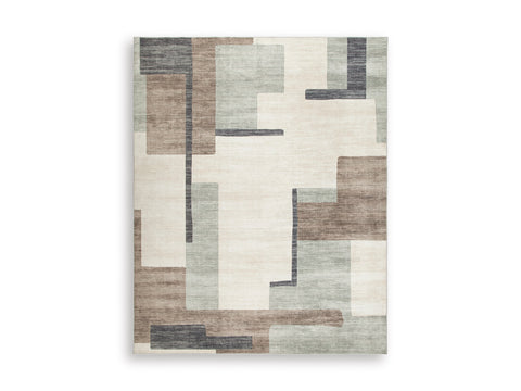 Cream Brown and Gray Block Abstract Machine Washable Rug