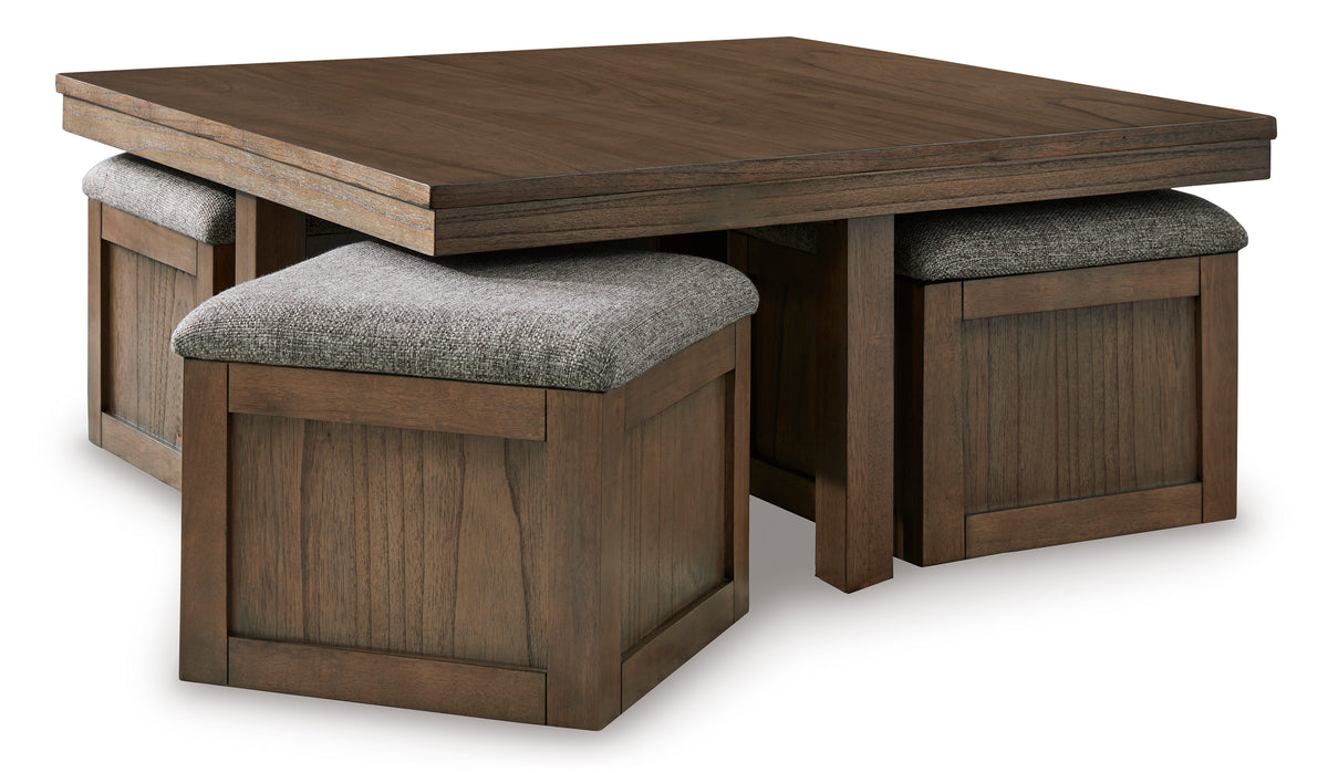 Brown coffee table and four stools, full product view