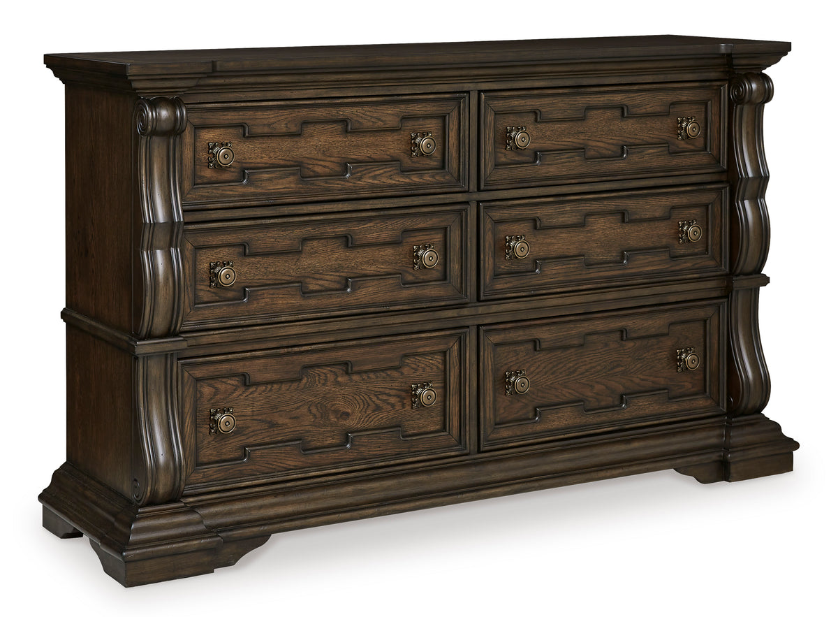 Dark Brown, complete six-drawer dresser, angled view